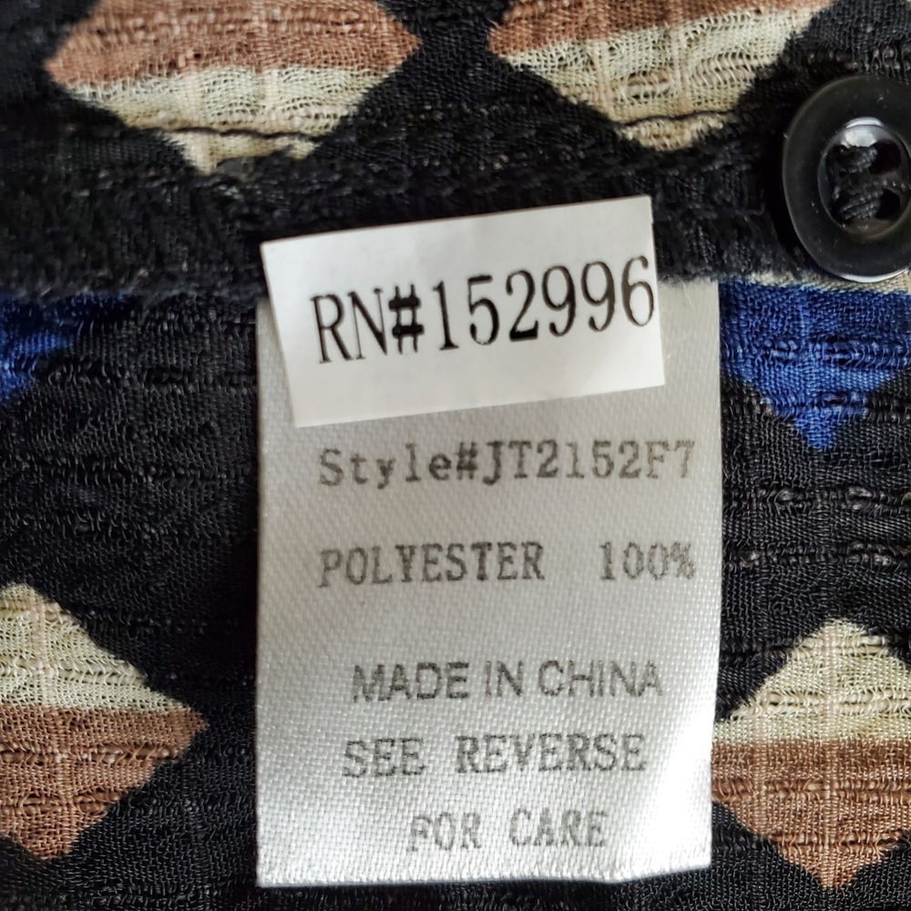 Tulip B Small Geometric Diamond Print Button Down Shirt Black Tan Blue Teal New - Picture 10 of 10
